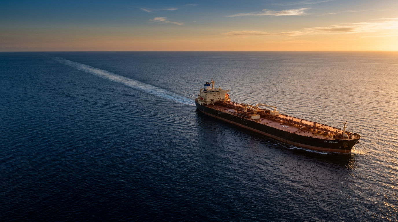 Crude oil tanker under way at sunset